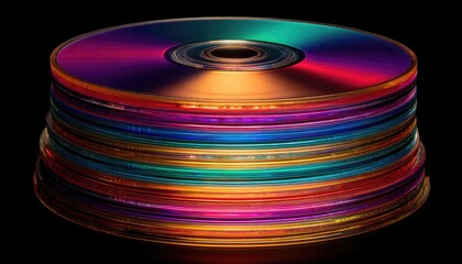 Stack of colorful CDs on dark background
