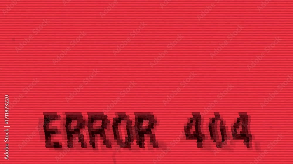 Poster retro style pixelated error 404 message scrolling animation with glitches and distortions