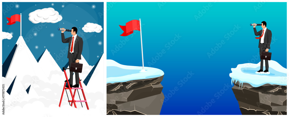 Poster man businessman looking through telescope to red flag on mountain peak and across sharp drop. busine