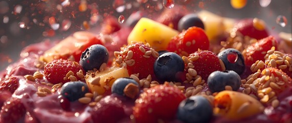 Close-up of a vibrant berry and fruit smoothie bowl.
