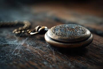 vintage pocket watch on chain resting on wood surface covered in spiderweb dramatic symbolic scene concept of lifestyle branding literature editorial photography