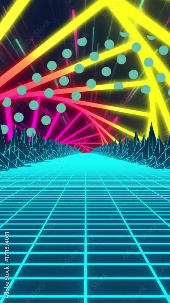 Poster animation of 3d model of mountains on grid pattern over multicolored tunnel