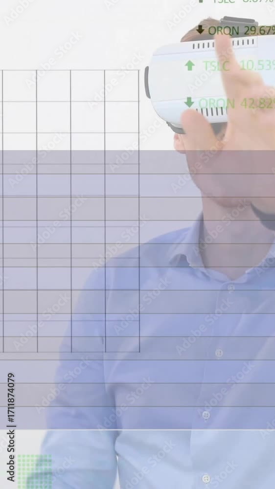 Poster animation of diagrams and data processing over caucasian man using vr headset