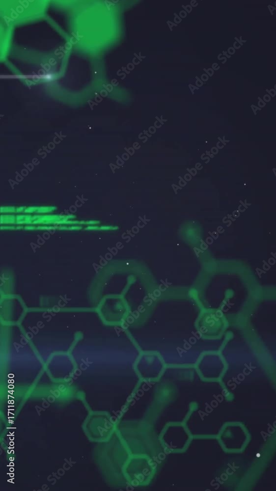 Poster animation of data processing with chemical formula on black background