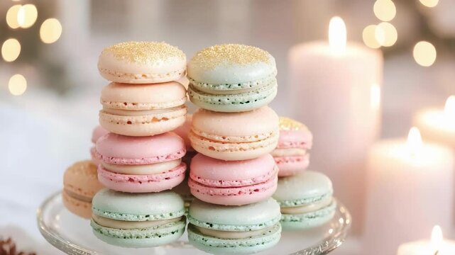 Pastel macarons stacked on a glass cake stand with warm candlelight in a cozy festive setting.