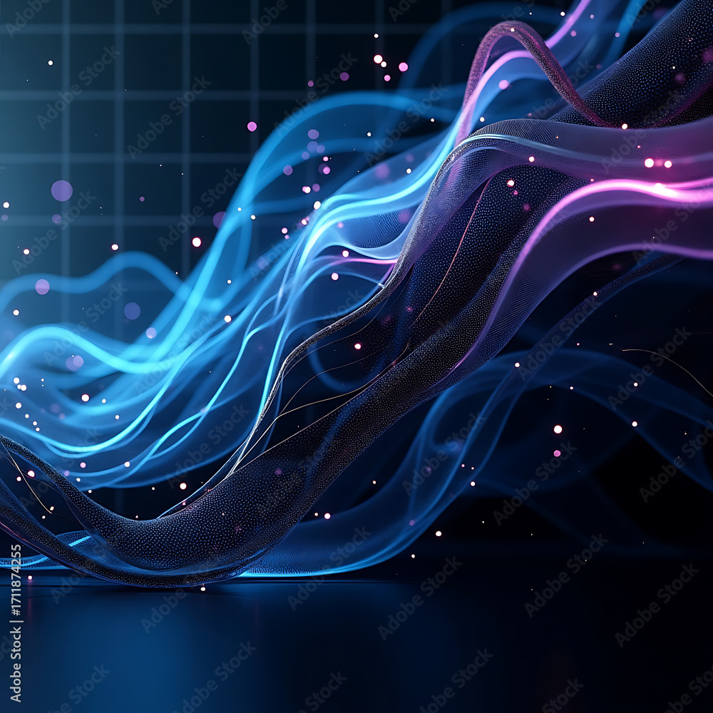 Aufkleber dynamic digital data flow visualization with glowing neon lines and particles in abstract design