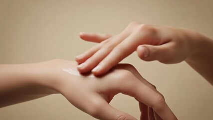 Close-up of a woman applying skincare cream on the back of her hand, emphasizing beauty and skincare routine with a soft focus background, ideal for beauty, health, and wellness industry visuals