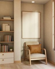 Wooden armchair under empty white frame on wall aside drawer cabinet and bookshelf in a living room.