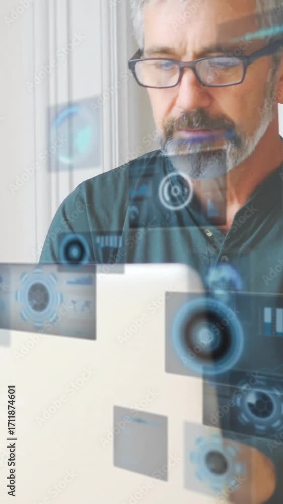 Poster animation of processing data on interface screens over senior caucasian man using laptop