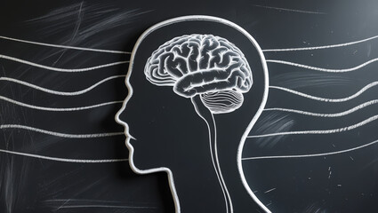 Schematic drawing of a head with a brain, drawn in chalk on a black chalkboard, symbolizing thought processes.