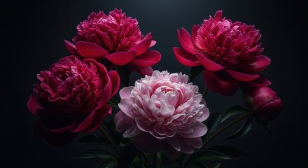 A group of pink and red peonies in full bloom against a dark background