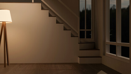 High floor lamp on wooden parquet floor illuminating on a wall and stairs in a dim room or corridor.