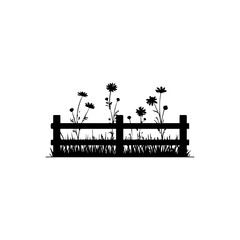 Naklejka premium Rustic wooden fence with meadow flowers and grass silhouette, symbolizing gardening, countryside lifestyle, rural charm and eco-tourism. 
