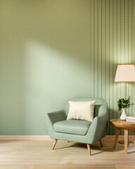 Leather sofa chair and wooden side table aside high floor lamp on parquet floor in a green wall room