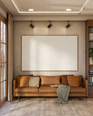 Empty frame with spotlight over brown leather sofa with cushions and blanket on wooden parquet floor.