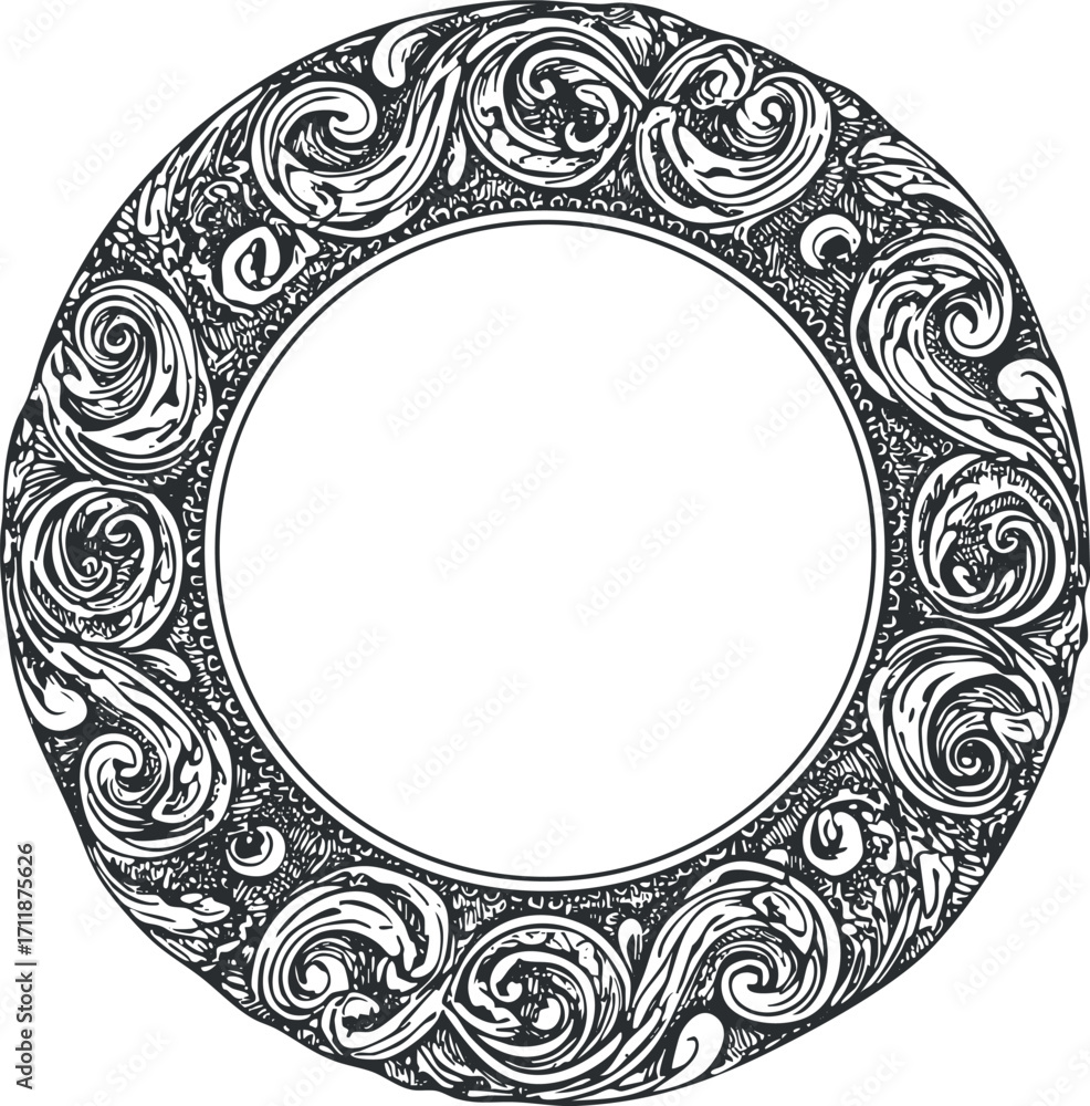 Fototapete an elegant decorative circular frame with intricate swirling patterns and empty center for customiza