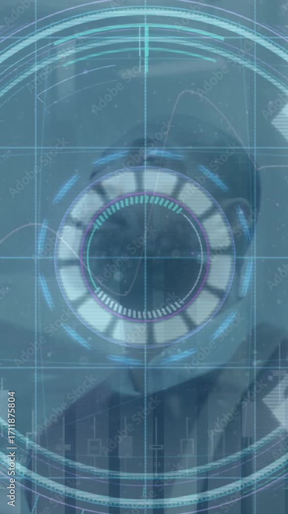 Poster animation of data processing and scope scanning over african amercian businessman
