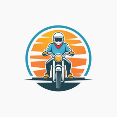 Motorcycle Rider Logo Retro Design with Sunset and Classic Bike for Transportation