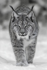 Obraz premium A lynx with intense golden eyes walking through snowy landscape, blending in perfectly with its surroundings