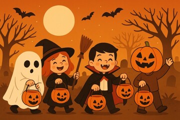 Children trick-or-treating Halloween night.