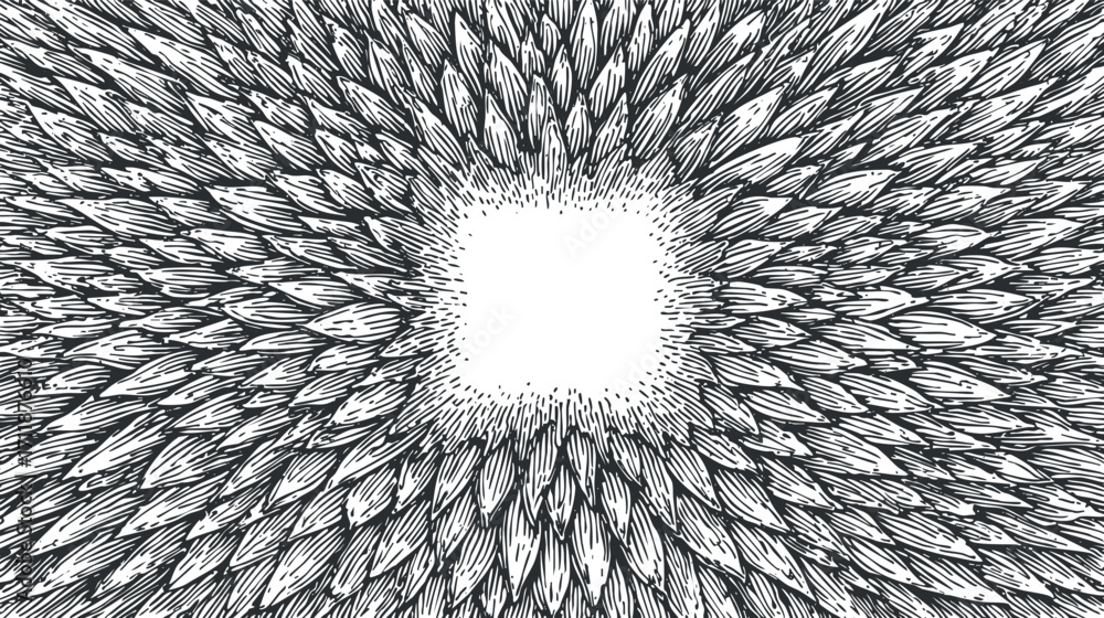 Poster an abstract monochrome design featuring intricate patterns radiating from a central square.