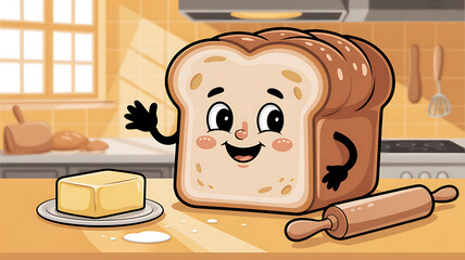 A cheerful cartoon loaf of bread stands on a kitchen counter next to a stick of butter and a rolling pin.