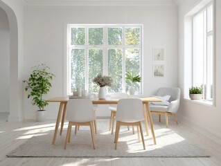 Bright dining room interior design with wooden table and white chairs near window