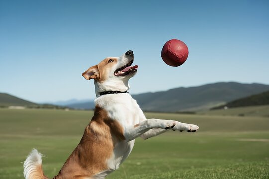 Energetic dog leaps high in a grassy field, catching a red ball against a backdrop of rolling hills and clear blue sky - Powered by Adobe