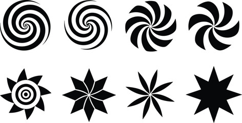 Set of eight black swirl icons, abstract spiral shapes, starburst designs, decorative circular elements, modern graphic symbols, vector art, rotation, movement, design elements, creative visuals