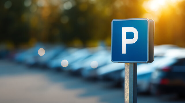 Fototapeta Blue parking sign with a white "P" symbol in focus, set against a blurred background of parked cars and warm sunlight