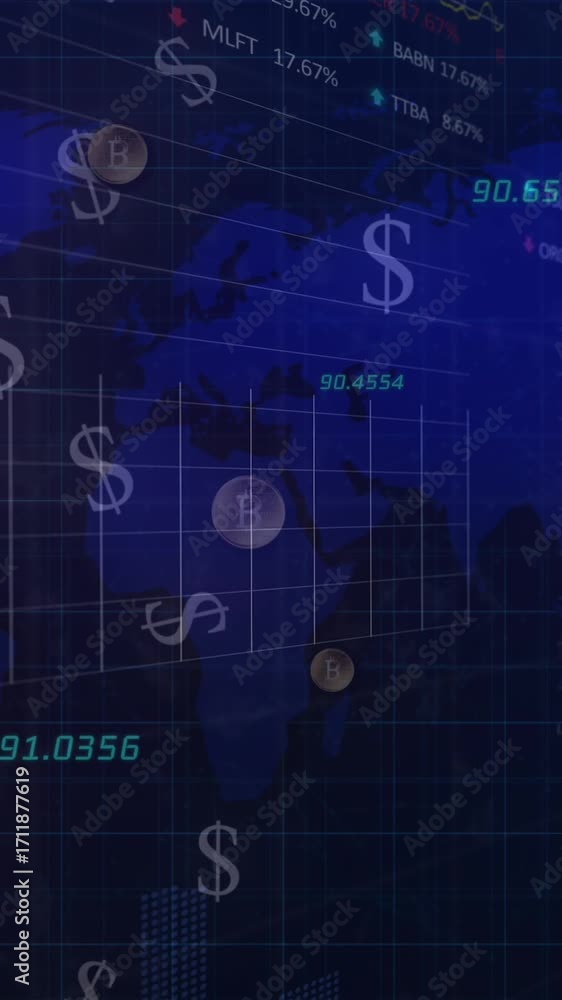 Aufkleber Animation of clouds with network of connections over digital icons and world map