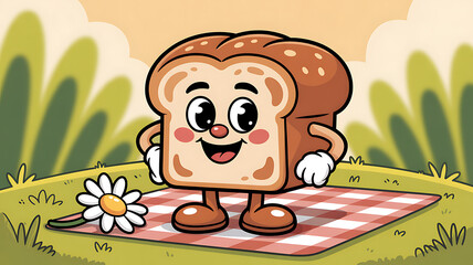 Fototapeta premium A friendly cartoon illustration of a smiling jam jar and a slice of bread waving together on a picnic blanket with strawberries, with the words 