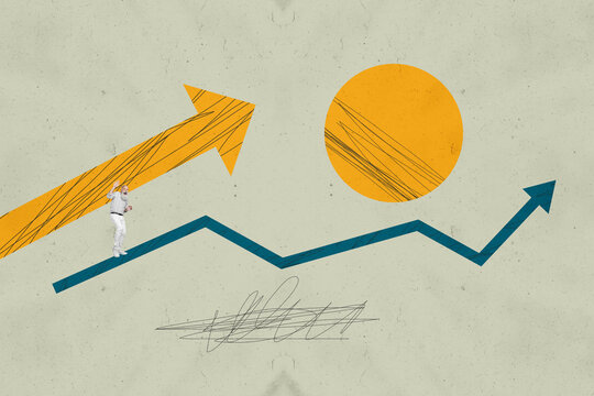 Collage with person observing rising arrow symbolizing startup growth business income statistics trading decrease increase