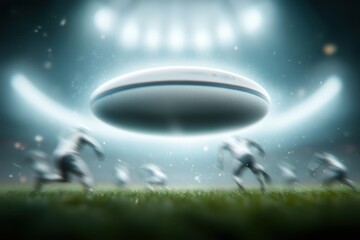 A dynamic scene of a rugby ball in mid-air, surrounded by blurred players and stadium lights, capturing the intensity of a rugby match.