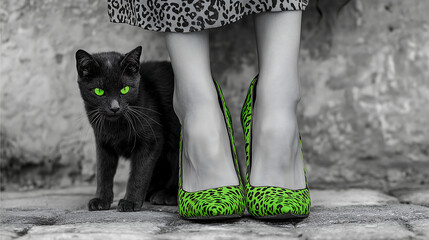 Tall black cat with green eyes wrapped around woman's leg in leopard print shoes, in high-quality black and white fashion photo