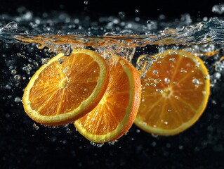 Fresh orange slices splashing in water for healthy juice and drink advertising