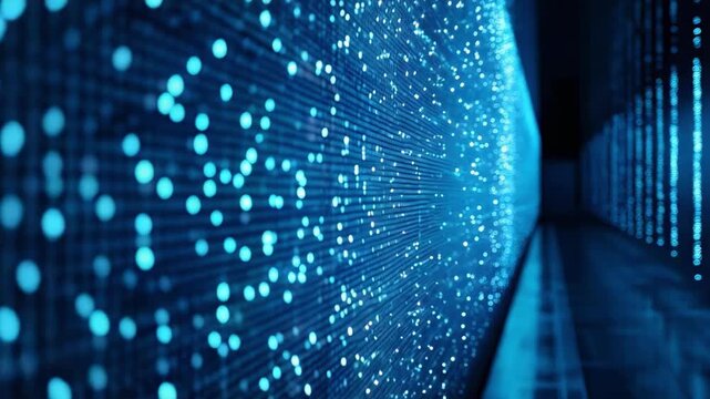 Rows of server racks in a data center glowing with blue LED lights.