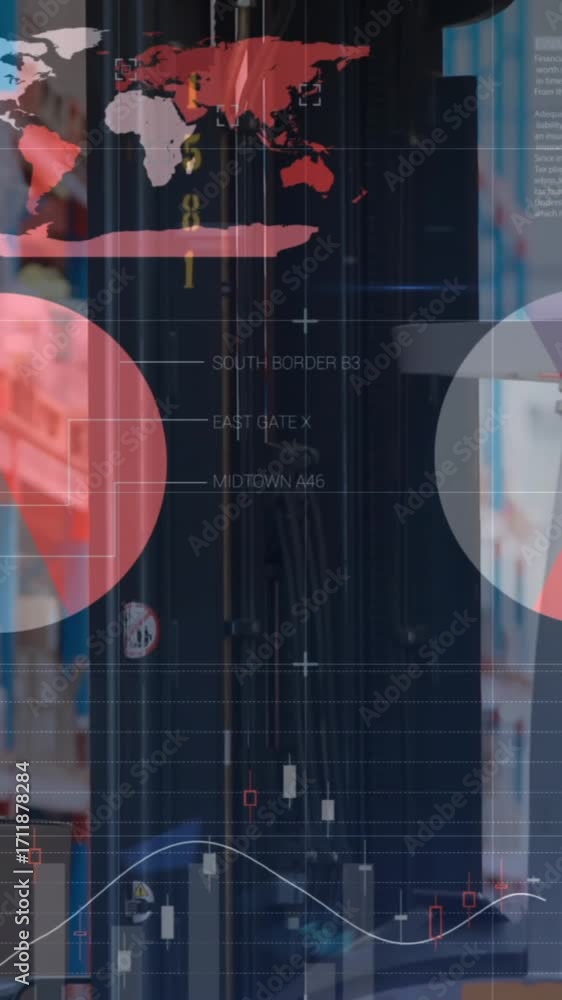 Poster animation of data processing over empty warehouse