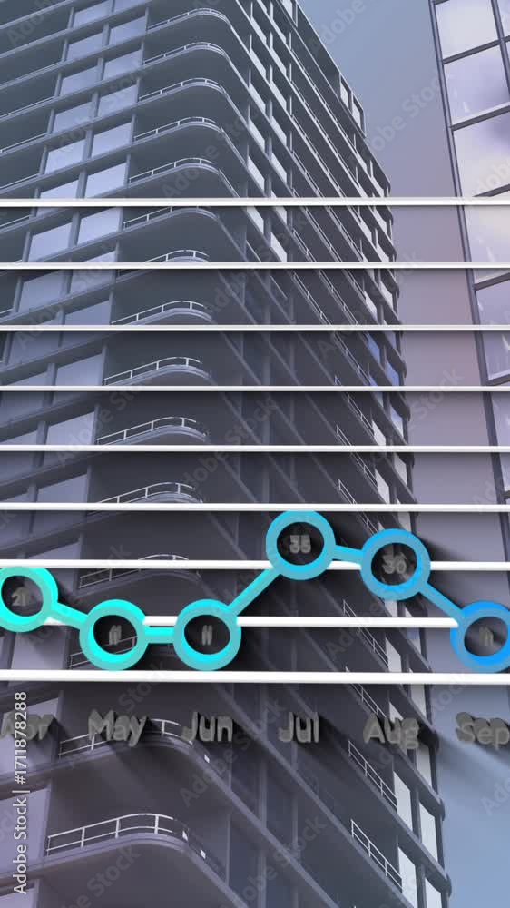 Poster digital animation of statistical data processing against tall buildings