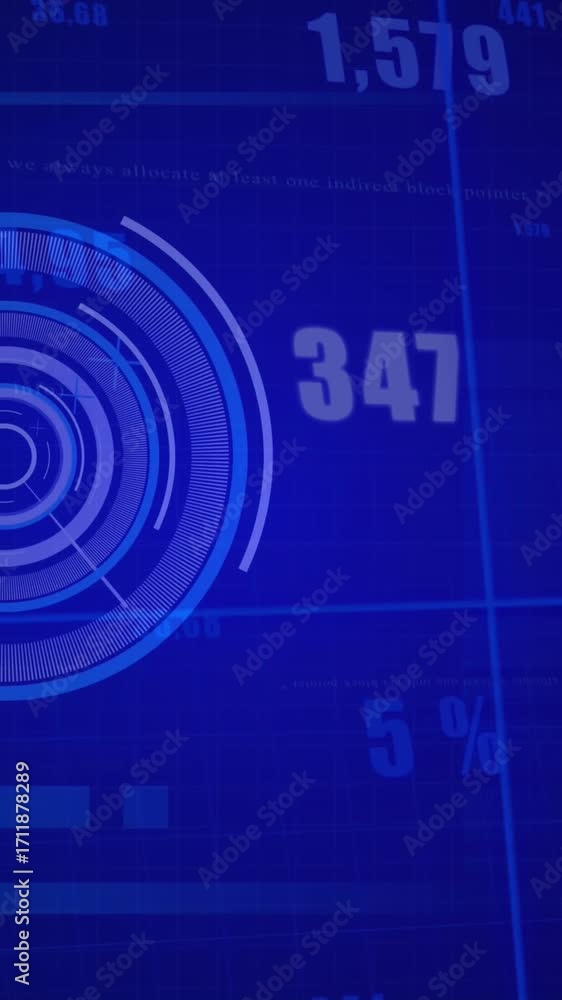 Poster animation of financial data and graphs over blue background