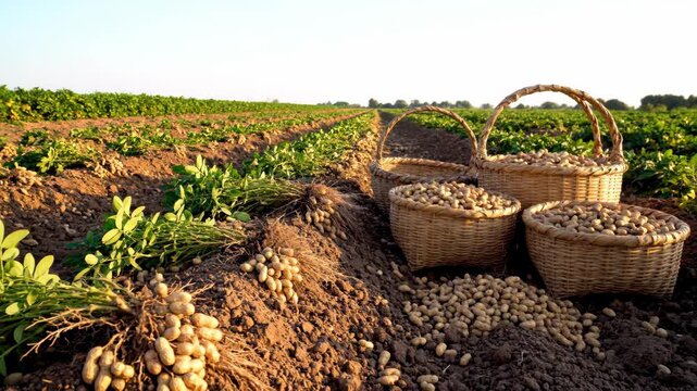 Peanut harvest scene 4 wicker baskets filled with peanuts sit on a field Peanut plants with attached nuts lie scattered in the foreground