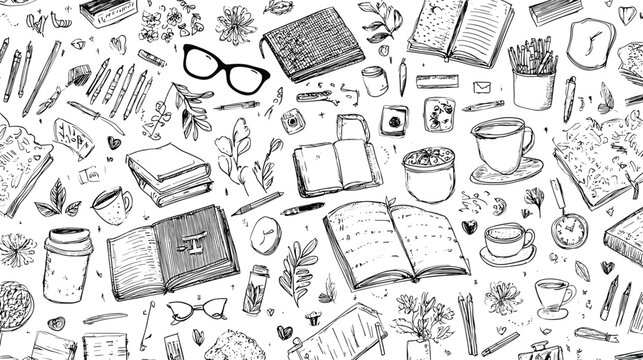 Hand-drawn stationery and study items pattern