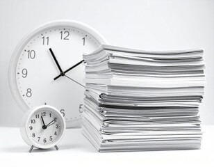 White clock and stack of papers
