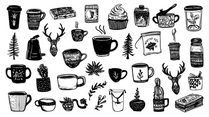 Hand-drawn coffee and plant illustrations