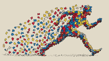 Colorful puzzle piece running figure illustration
