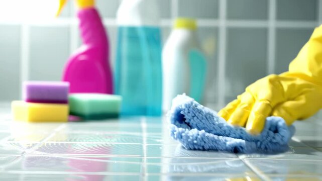 Close-up video of bathroom cleaning in progress