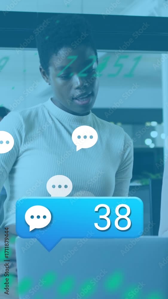 Poster Animation of data processing over diverse business people with face masks using laptop