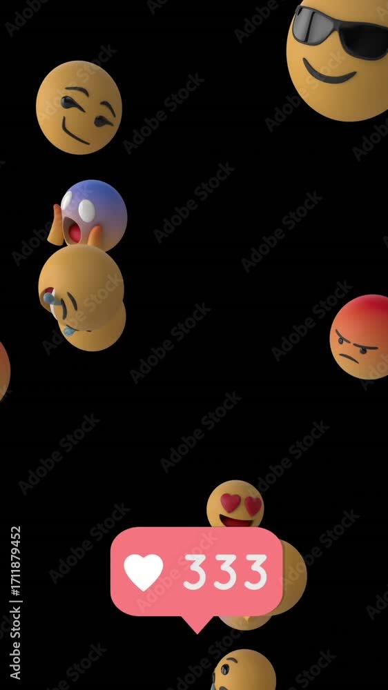 Poster heart icon with increasing numbers against multiple face emojis floating on black background
