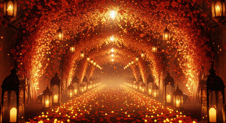 Obraz premium Enchanting tunnel of autumn leaves and glowing lanterns creating a magical pathway. Fairytale concept of a romantic journey and festive celebration.