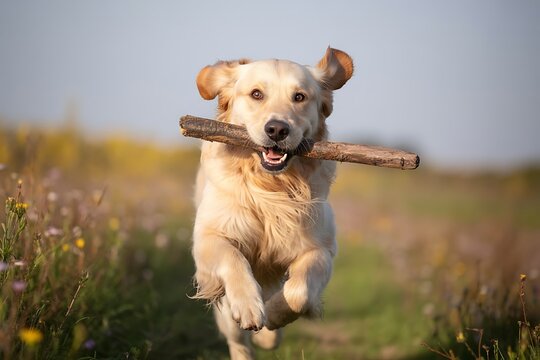 Joyful golden retriever dog happily runs through a sunny meadow carrying a large stick in its mouth